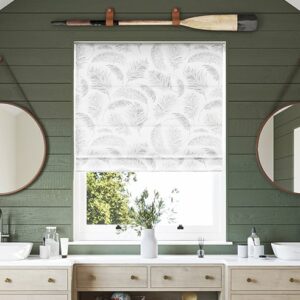 Leaf pattern Roman blinds in Dubai with botanical fabric for modern kitchen and bathroom windows