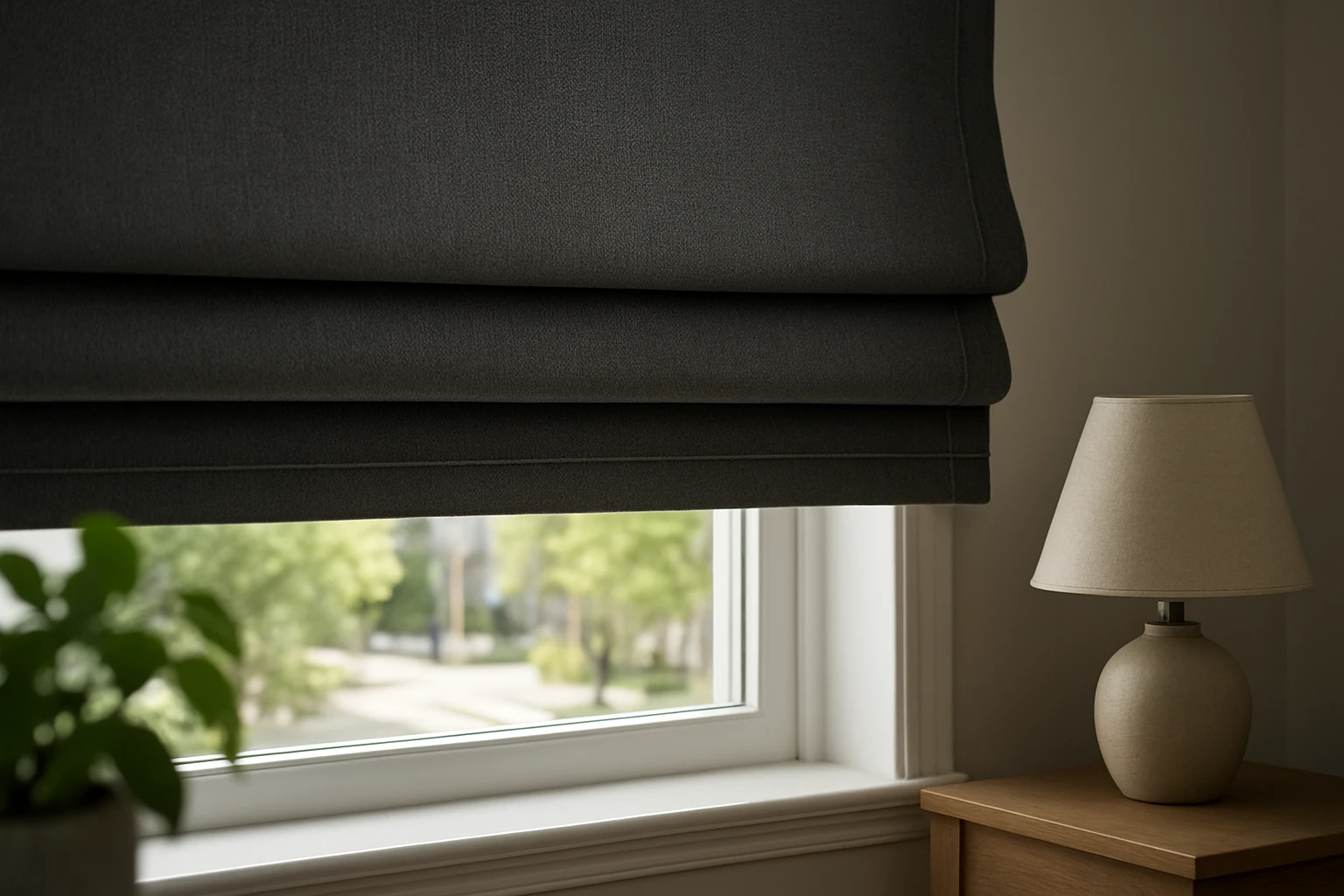 Blackout roman blinds in modern bedroom
