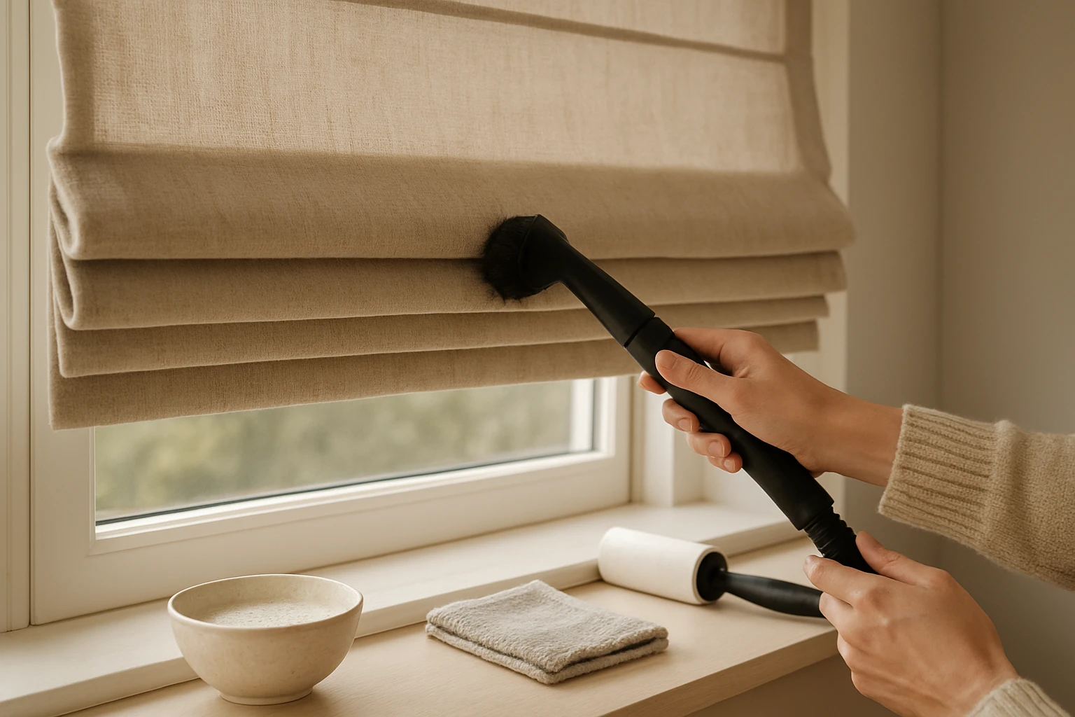 Fabric Roman shades being cleaned