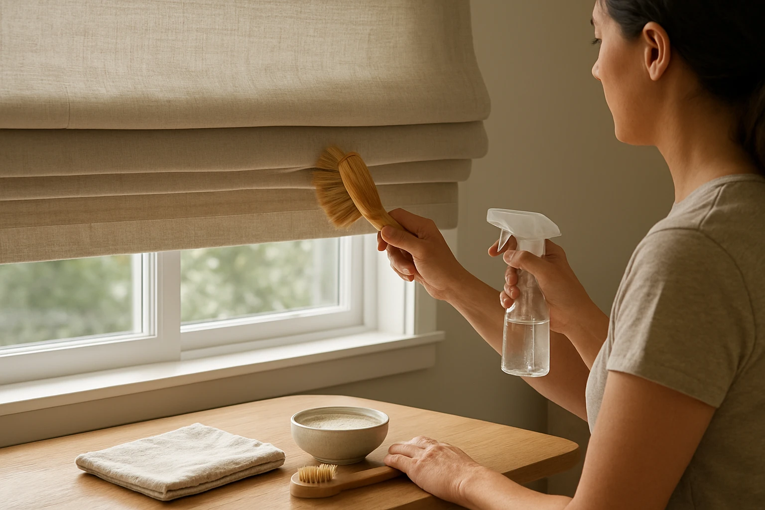 Fabric Roman shades being gently cleaned