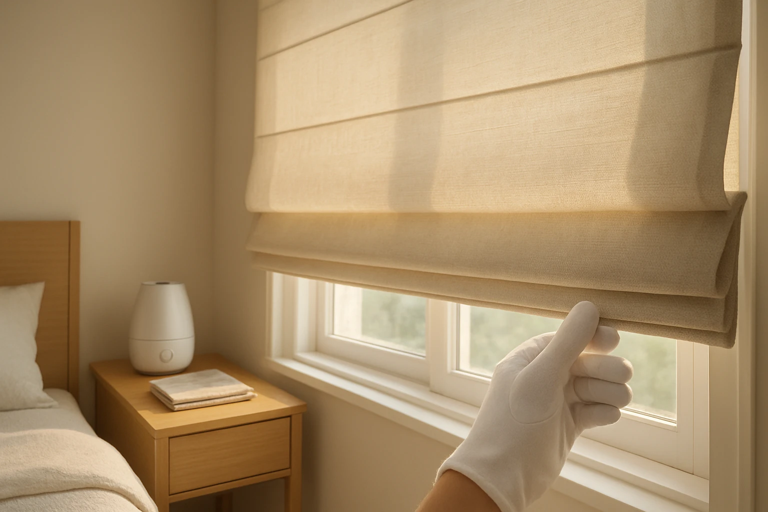 Fabric Roman shades in sunlit bedroom