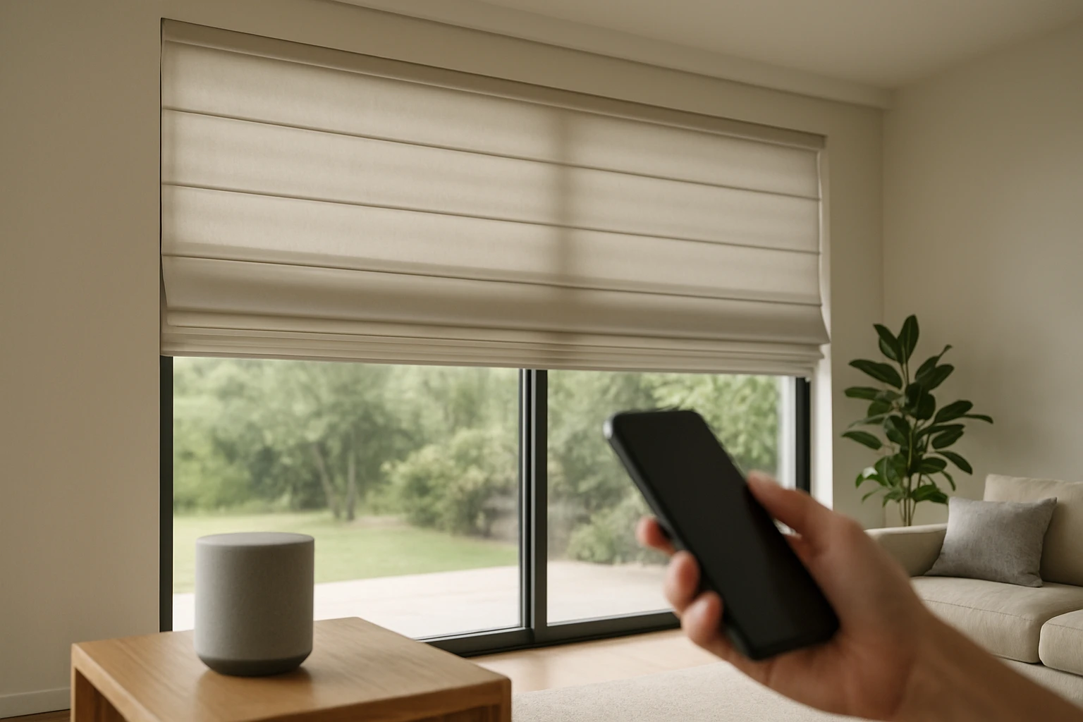 Motorized roman blinds in living room