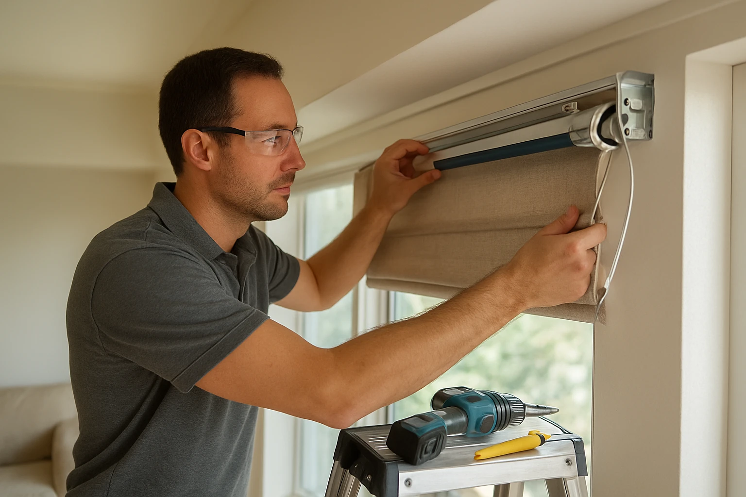 Motorized Roman blinds installation at window