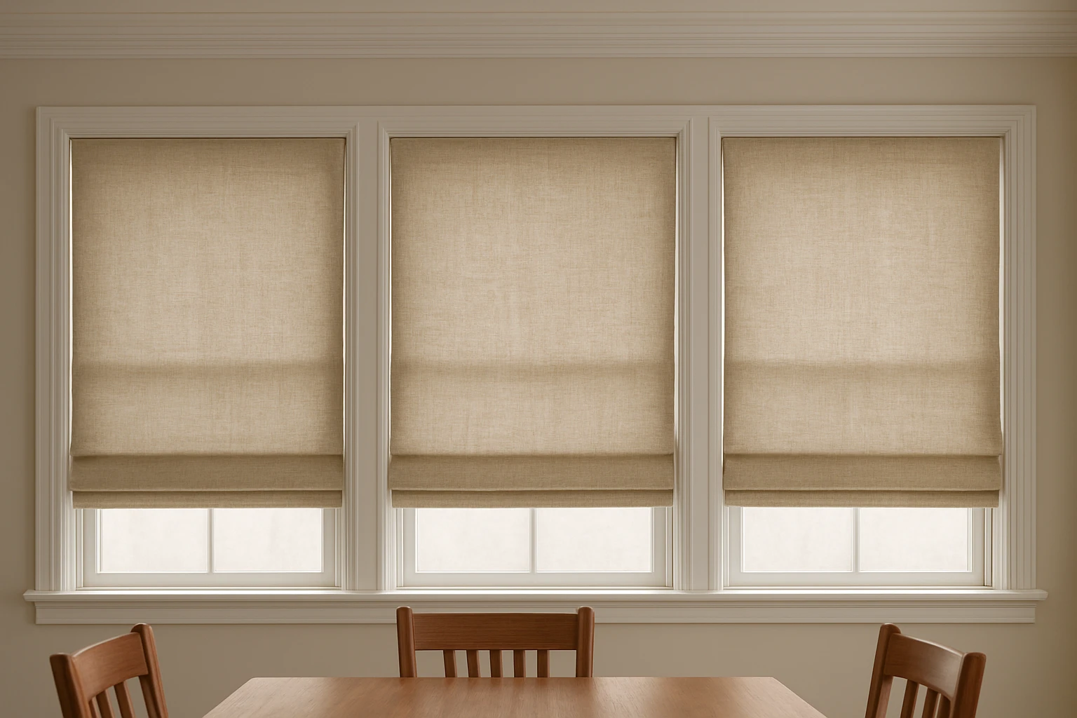 Outside mount Roman shades covering window trim