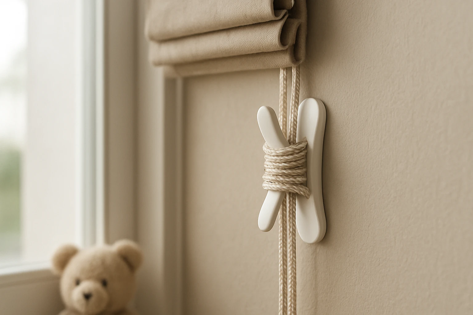 Roman blind cord tensioner installed high