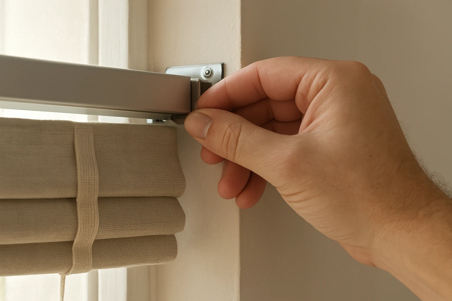 Roman blind headrail clipped into bracket