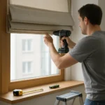Roman blinds being measured for installation