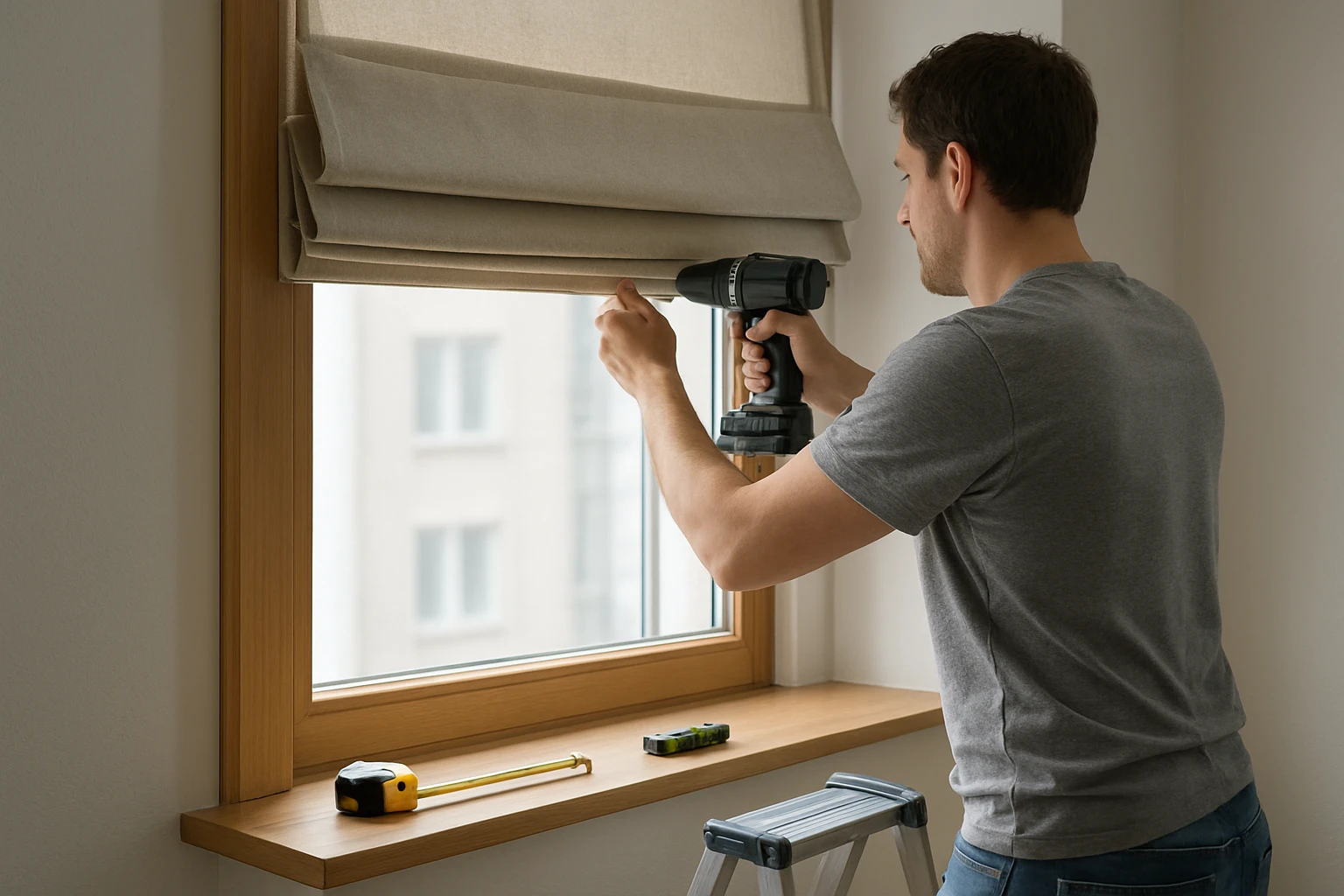 Roman blinds being measured for installation