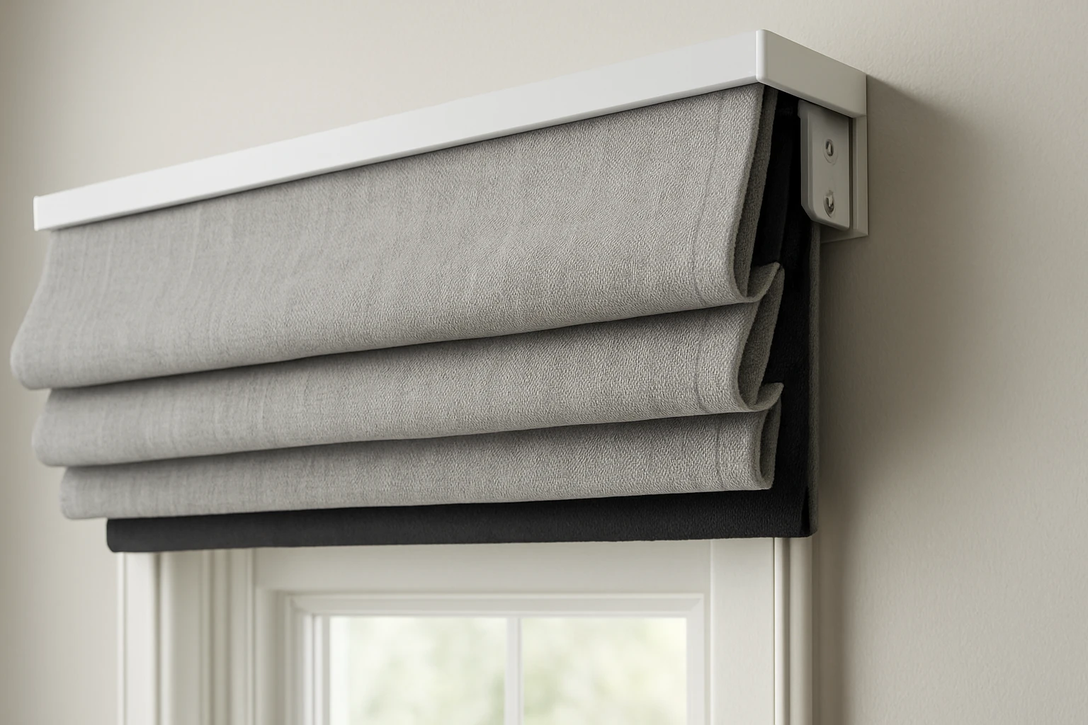 Roman shade fabric stack and headrail