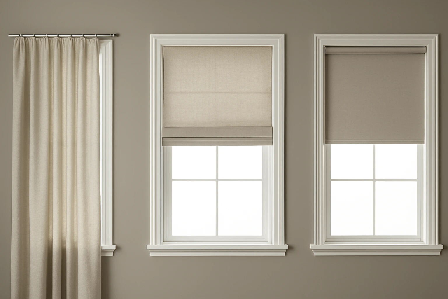 Roman shade with curtains and roller blind