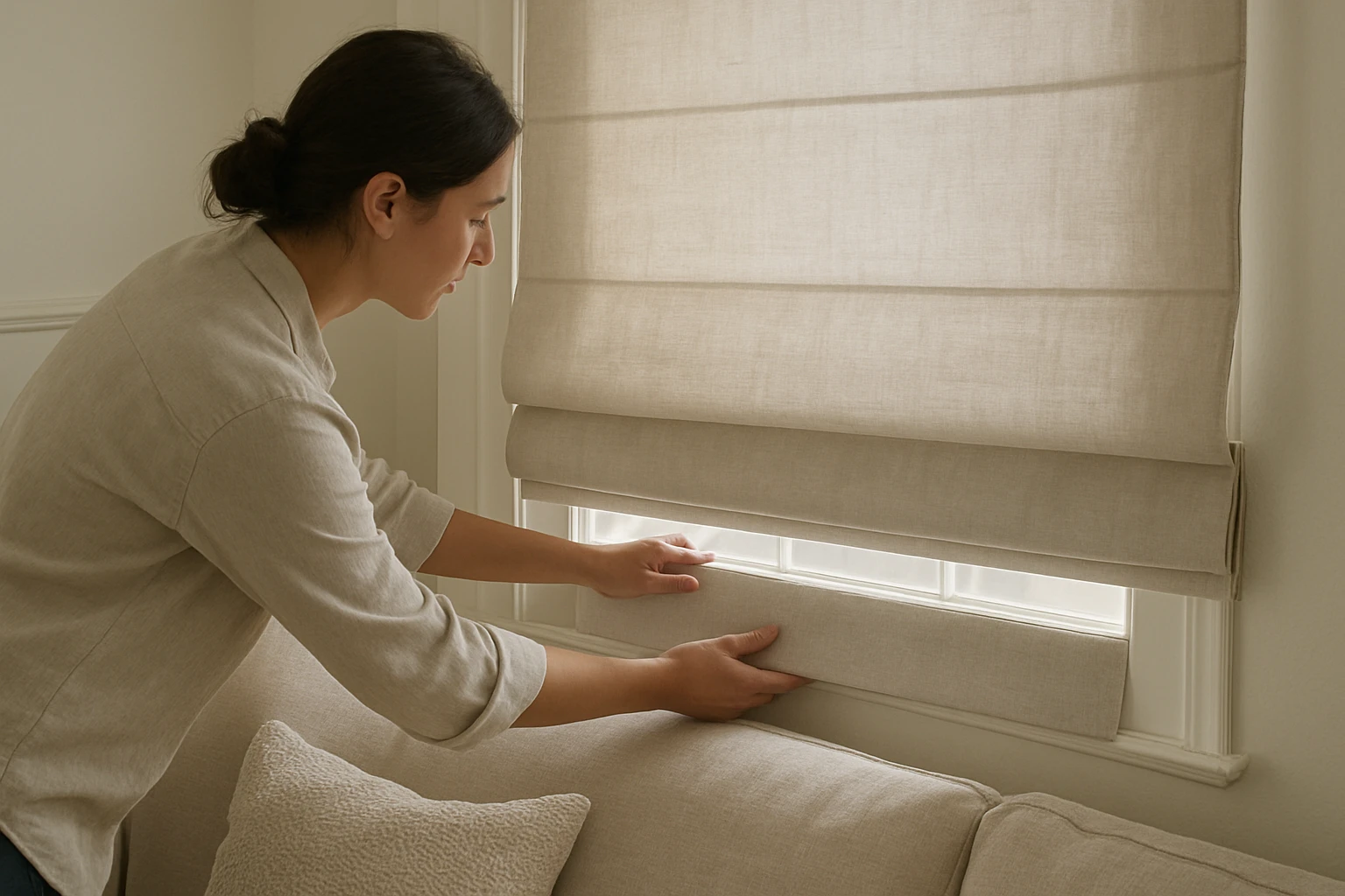 Roman shades aligned with couch hem