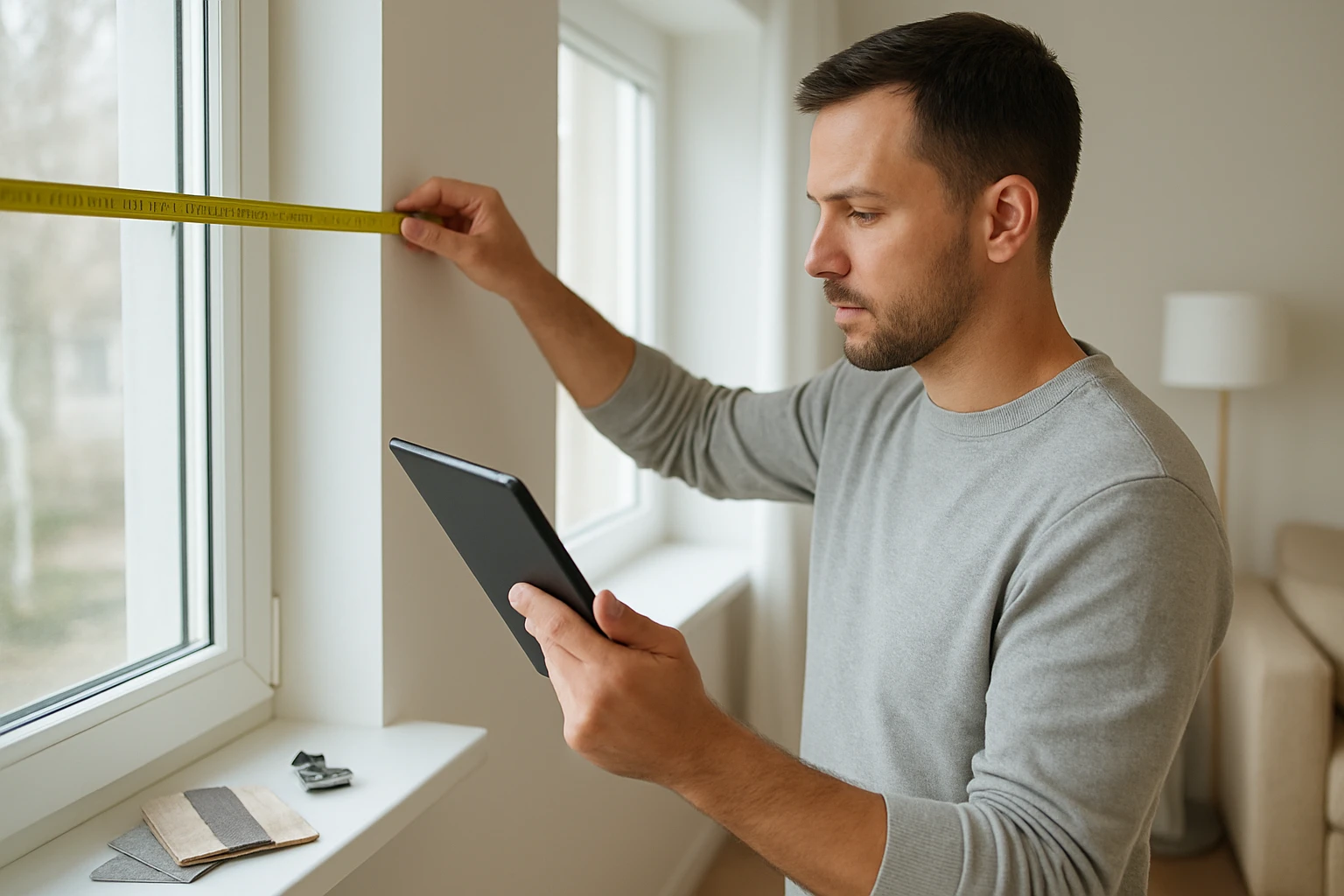 Roman shades measuring with tape and tablet