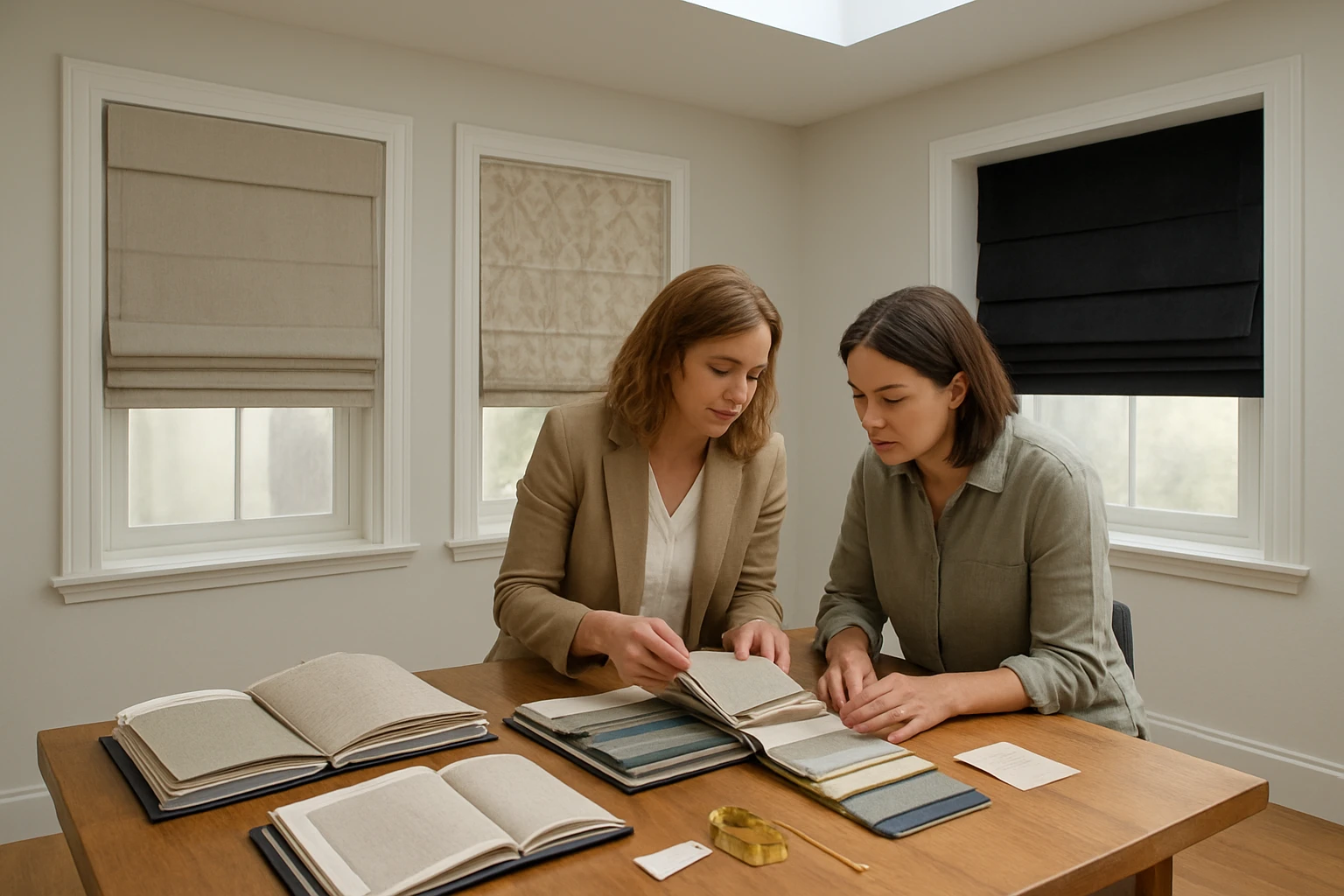Roman shades showroom with fabric samples