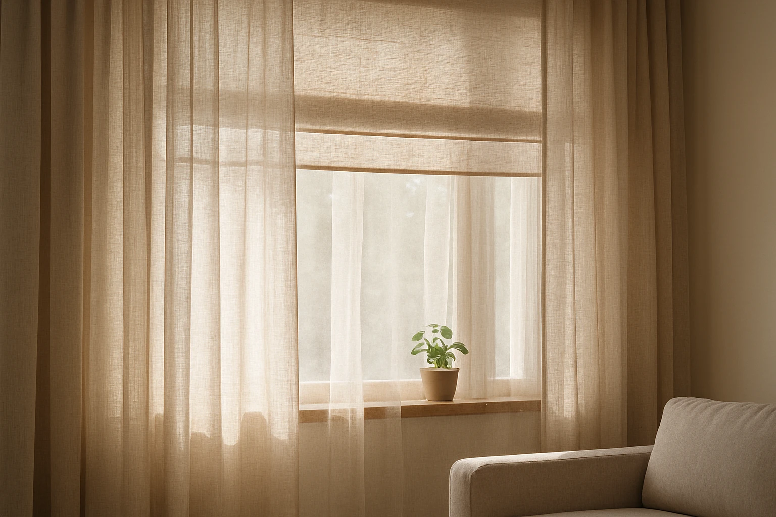 Roman shades with sheer curtains