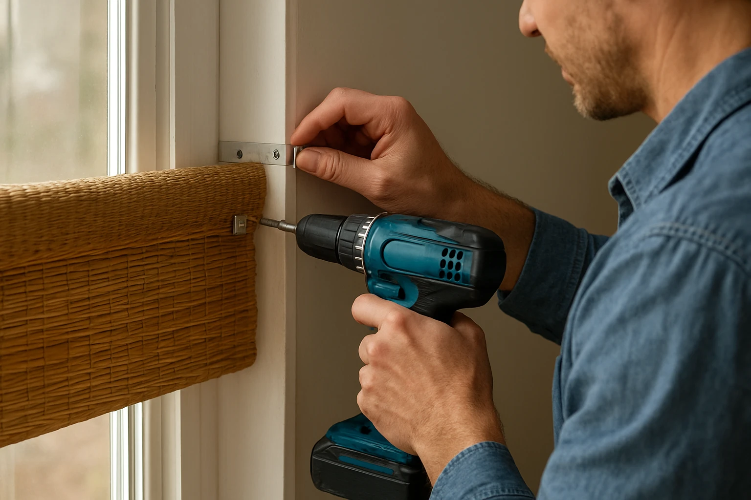Bamboo shades being installed professionally