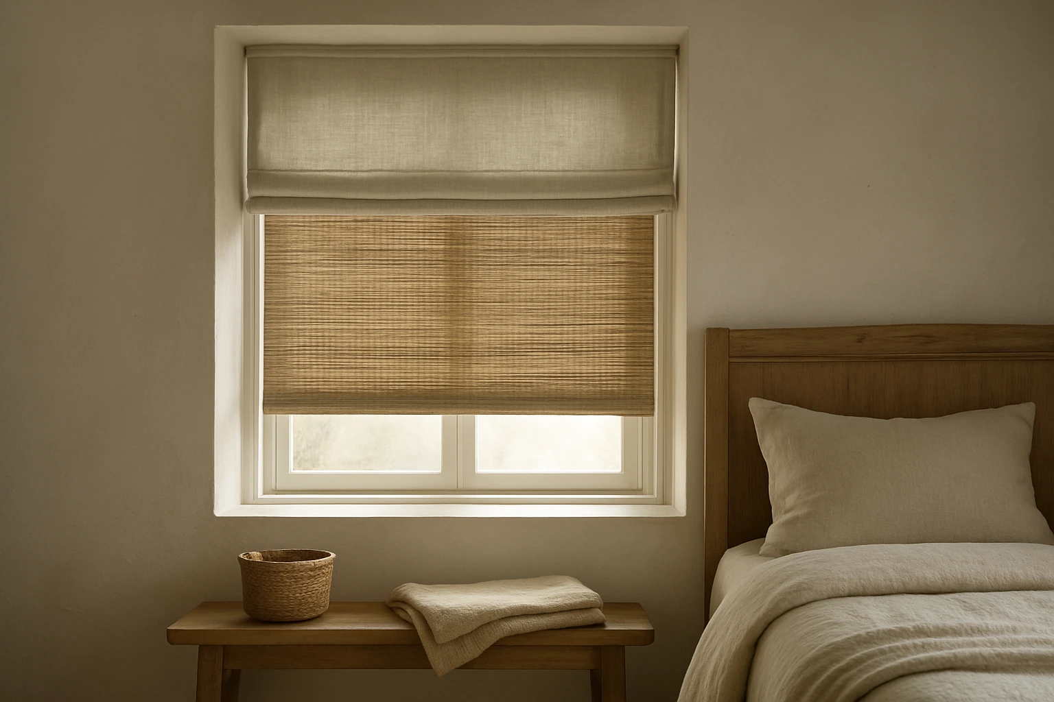 Bamboo shades layered with linen roman shade