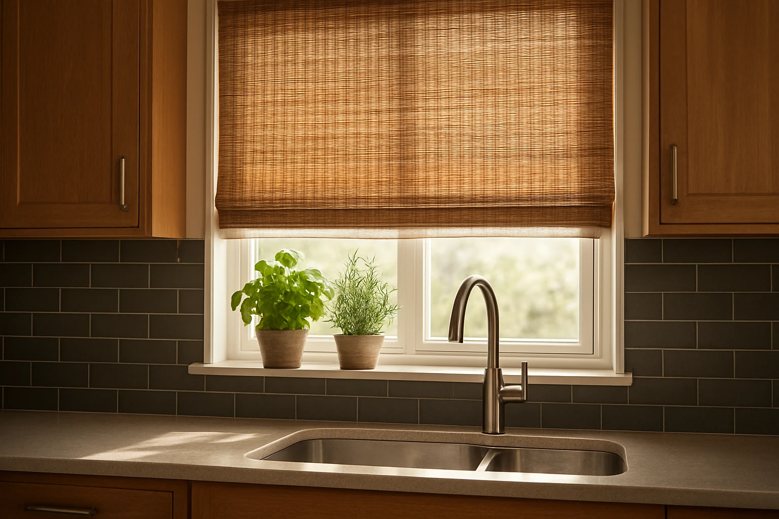 Bamboo shades over kitchen sink