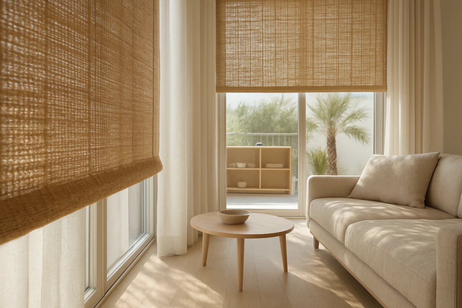 Bamboo shades with white fabric curtains