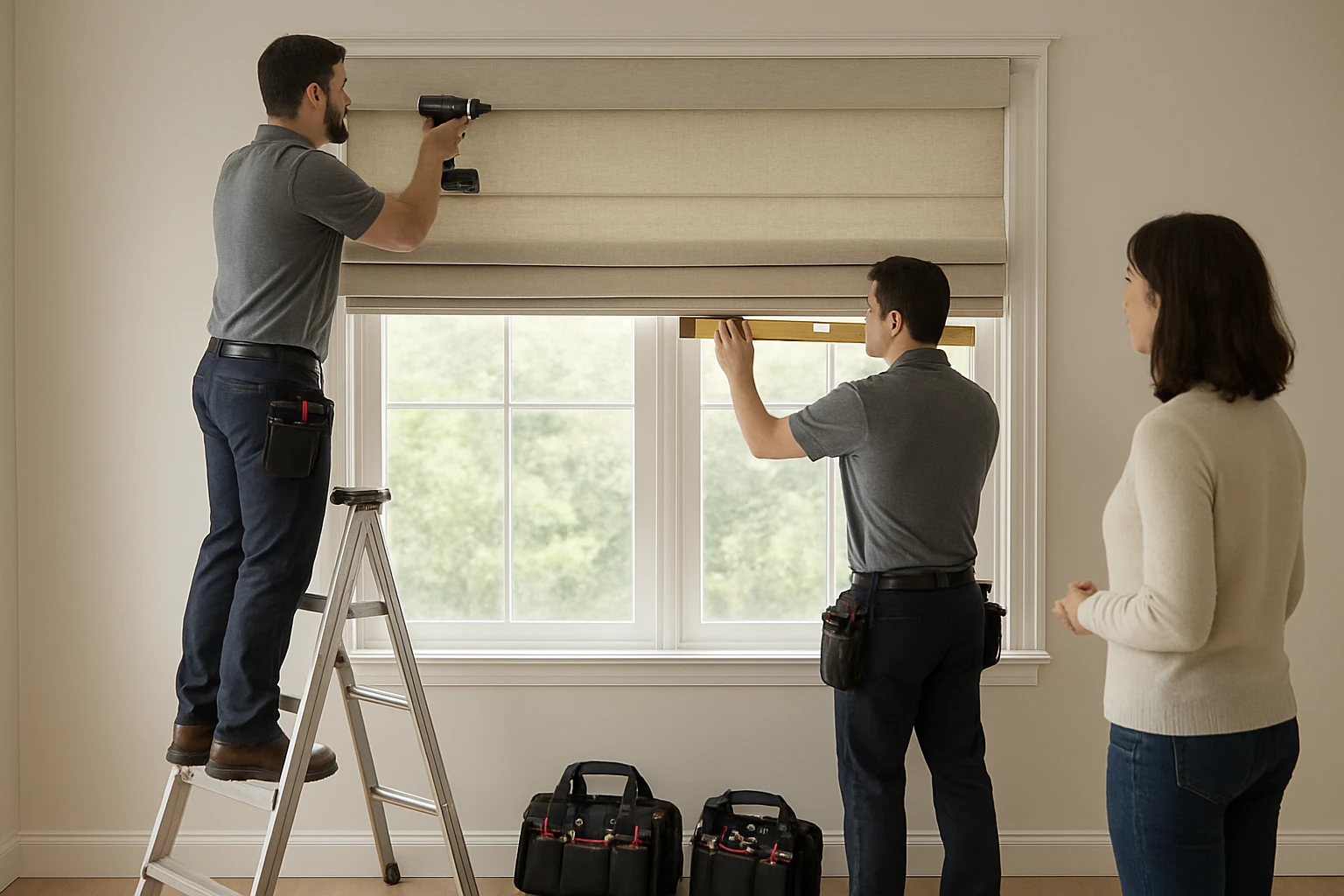 Roman shades installation on large window