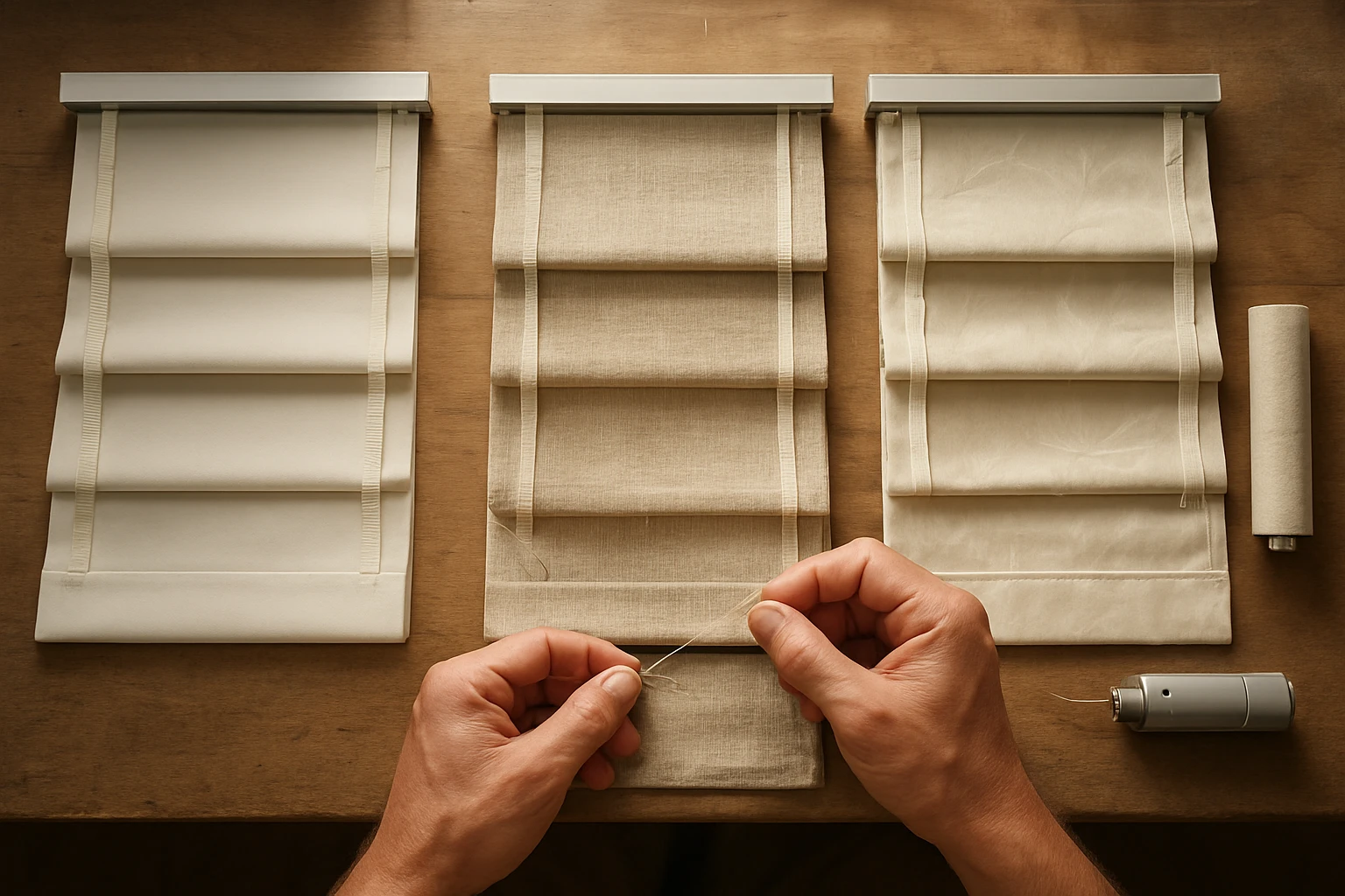 Roman shades sample assemblies on workbench